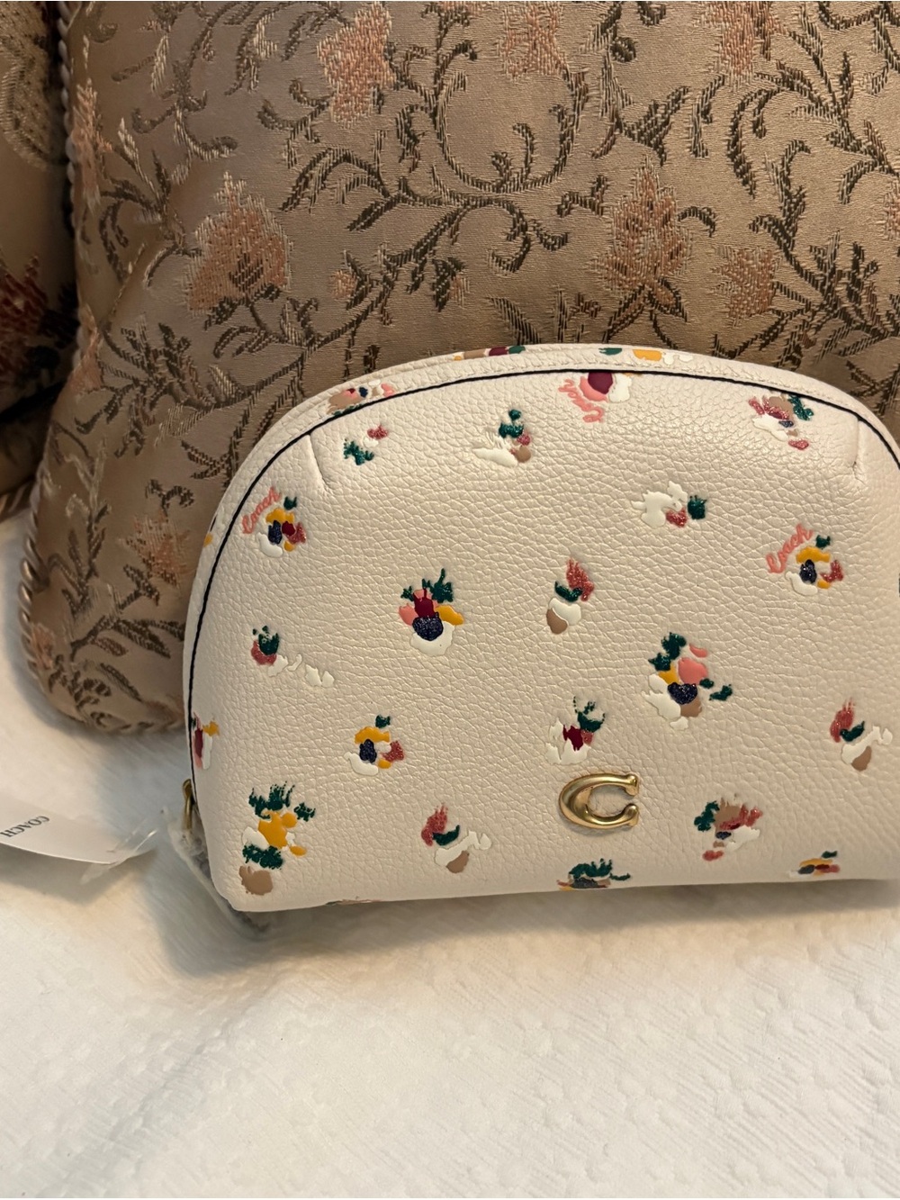 Coach Chalk Pebble Leather Floral Cosmetic Pouch with Gold Accent - Picture 2 of 7